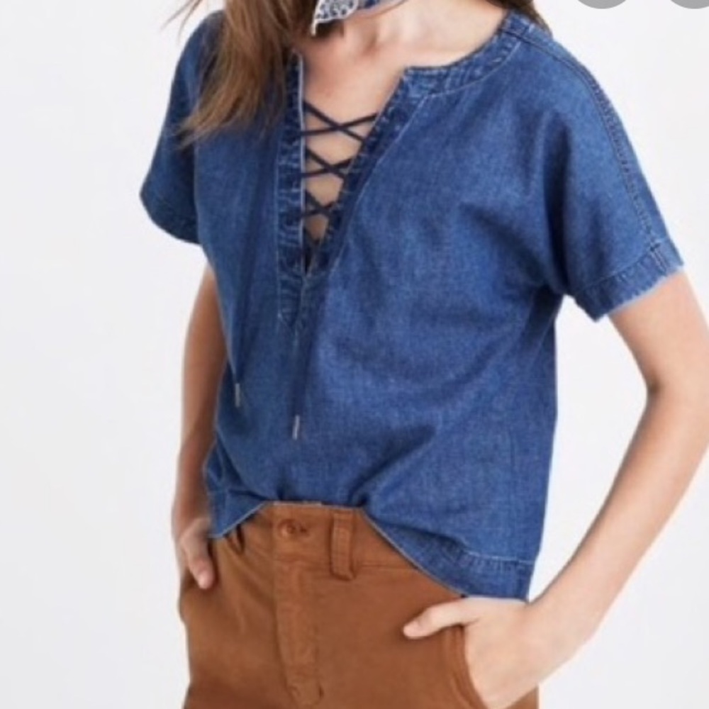 Madewell denim chambray lace up lattice top XXS